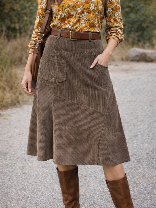 Simon Chang Dresses & Skirts - Simon Chang Corduroy Skirt Brown Patchwork A-Line Size 12 Boho 70s